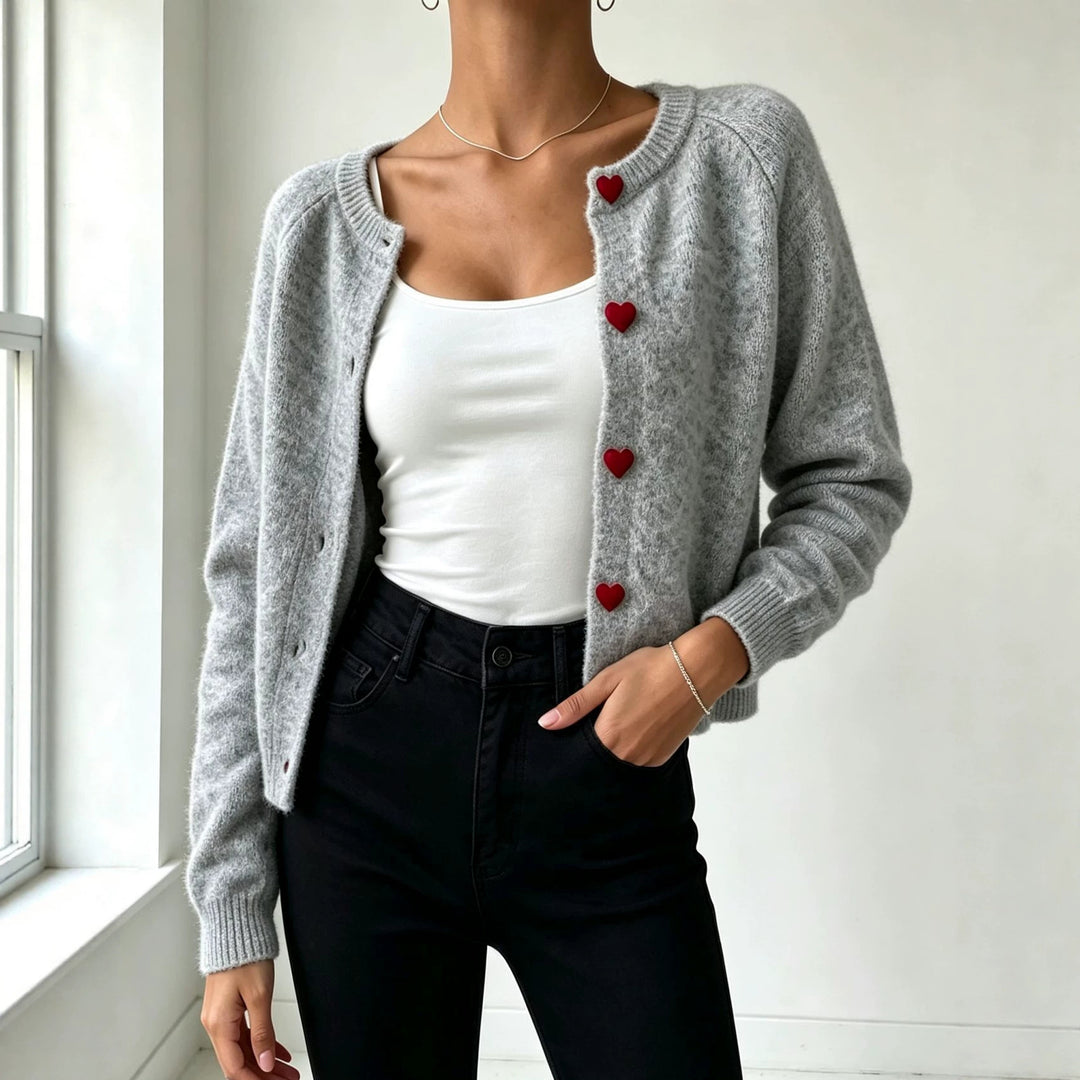 Women's knit cardigan with heart-shaped decorative buttons and soft mohair look Mune Fashion