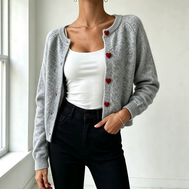 Women's knit cardigan with heart-shaped decorative buttons and soft mohair look Mune Fashion