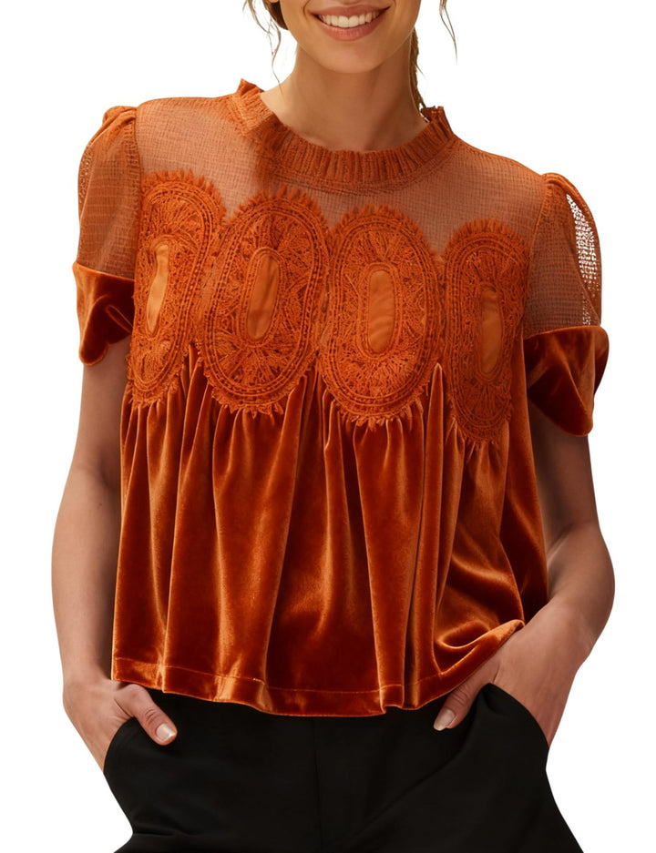 Women's velvet blouse with lace trim, transparent insert, and gathered A-line Mune Fashion