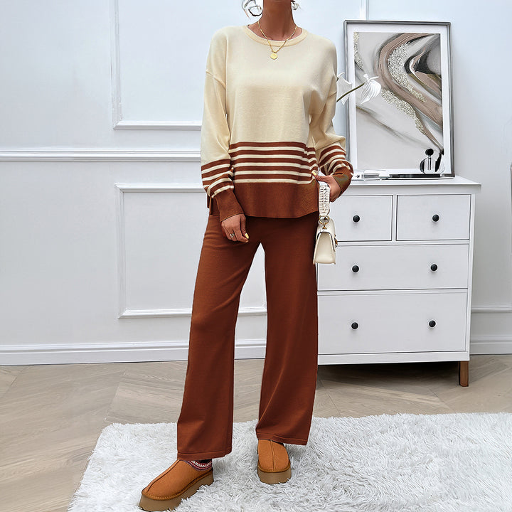 Ladies casual knit lounge set with striped round neck sweater, raglan sleeves and wide high-waisted pants Mune Fashion