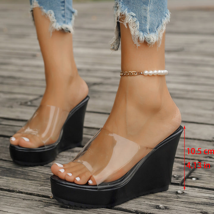 Women's transparent mules with PVC upper straps, high wedge heel, and non-slip sole Mune Fashion
