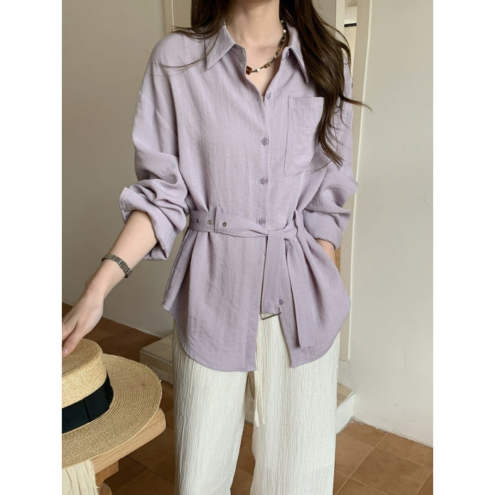 Women's Loose-Fit Linen Shirt Blouse with Waist Belt and Breast Pocket Mune Fashion