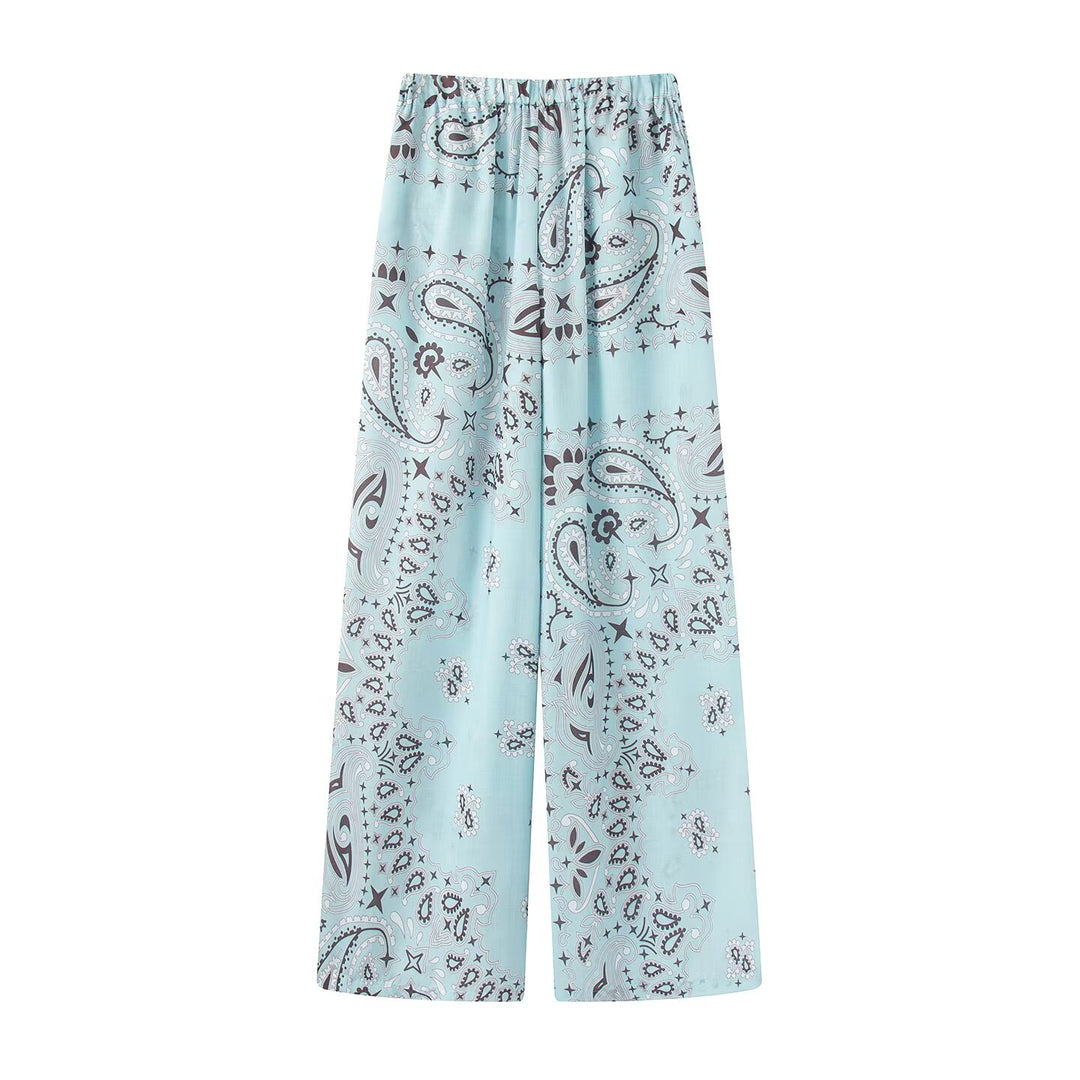 Women's Two-Piece Satin Look Lounge Set with Paisley Print, Kimono Collar Blouse and Wide Culotte Pants Mune Fashion