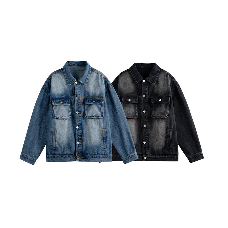 Men's Oversized Denim Jacket with Distressed Wash, Flap Chest Pockets and Button Closure Mune Fashion