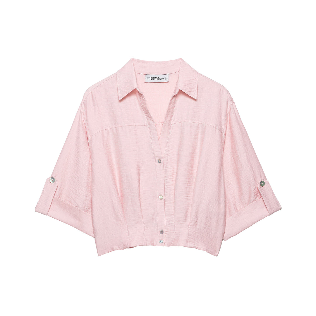 Women's Oversize Lightweight Shirt Blouse with Buttoned Sleeves and V-Neck Mune Fashion