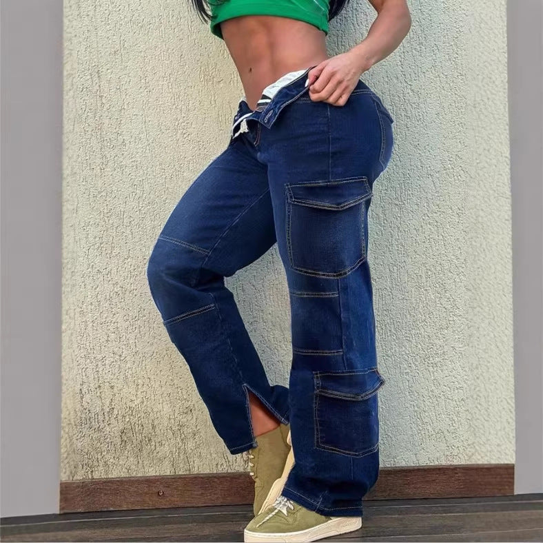 Women’s Utility Cargo Denim Pants with Low Rise, Panel Seams and Functional Pockets Mune Fashion