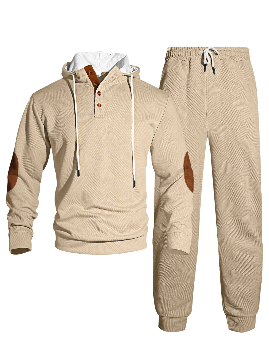 Men's waffle structure Henley hoodie set with wooden button placket elbow patches and tapered joggers Mune Fashion