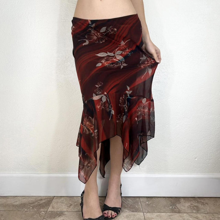 Women Asymmetrical Mesh Midi Skirt with Ruffle Layers and Floral Pattern Mune Fashion