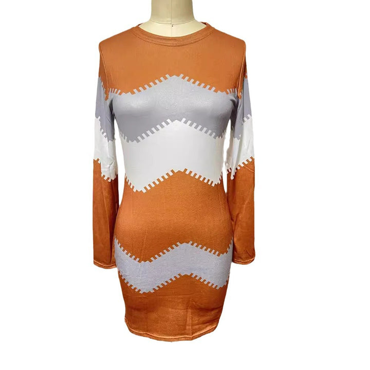Women's long sleeve knit dress with chevron pattern, straight hem, and body-flattering fit Mune Fashion