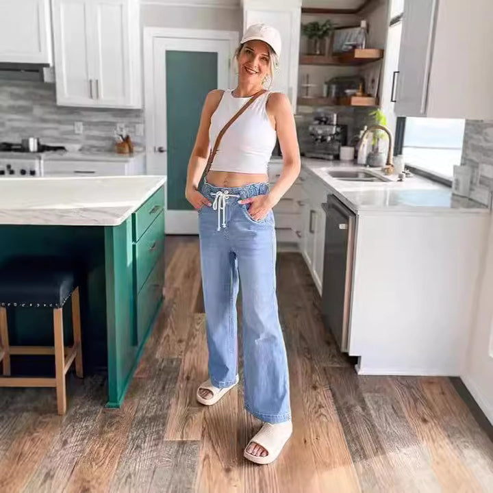 Women high-waisted wide-leg jeans with drawstring waistband and casual culotte silhouette Mune Fashion