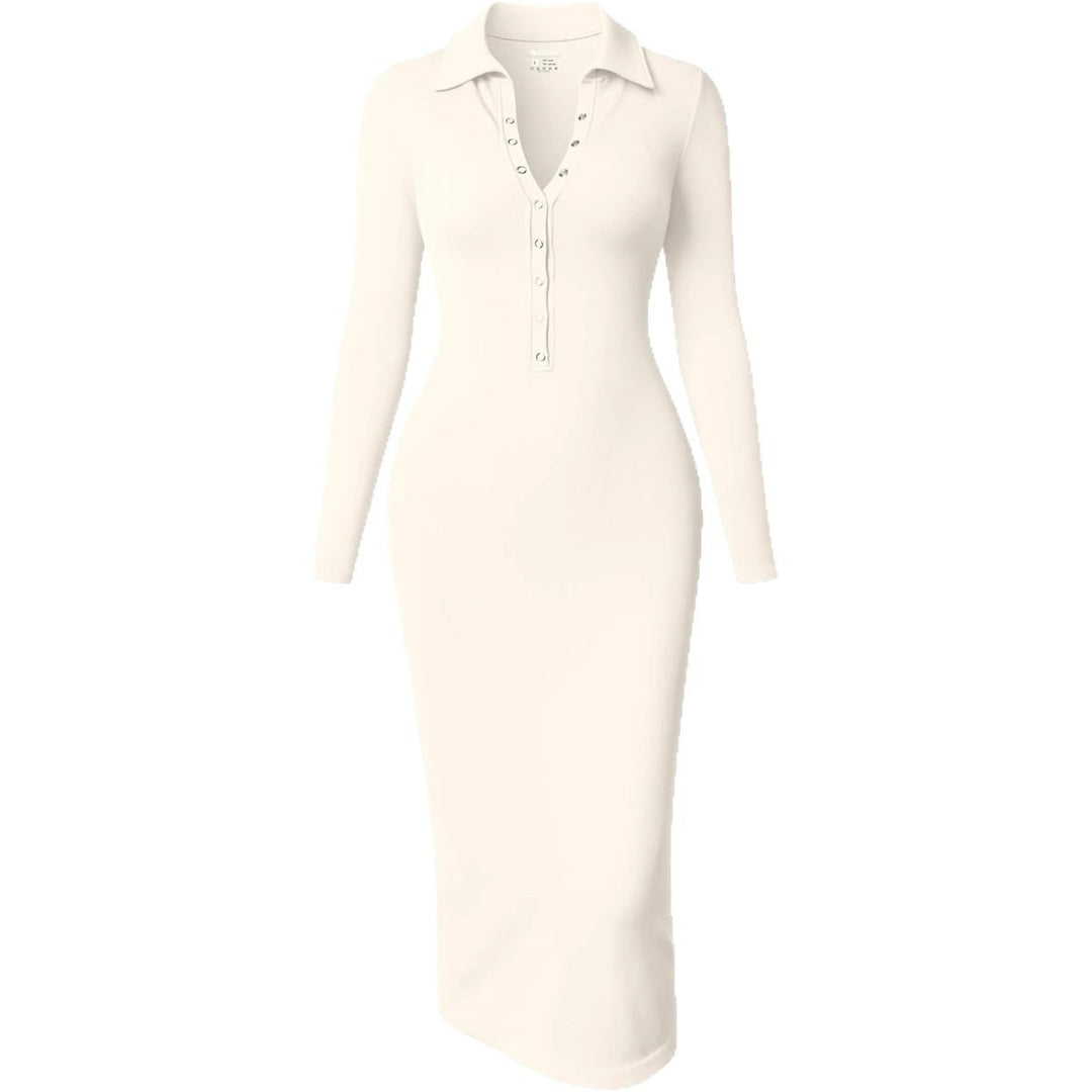 Women's Figure-Hugging Midi Dress with Polo Collar and Press Button Placket Mune Fashion
