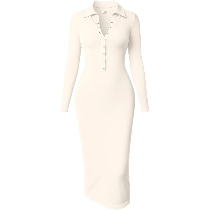 Women's Figure-Hugging Midi Dress with Polo Collar and Press Button Placket Mune Fashion