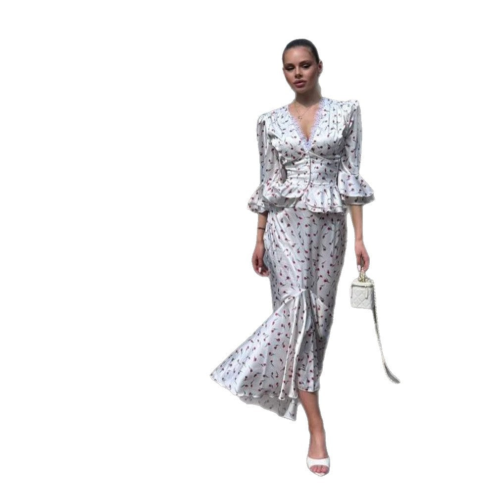 Women's Two-Piece Satin Set with Tailored Peplum Blouse & Mermaid Midi Skirt Mune Fashion