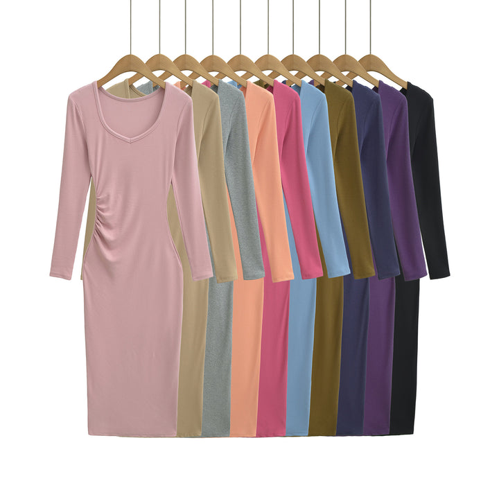 Women's Fitted Midi Dress with Side Ruching and Double Neckline Mune Fashion