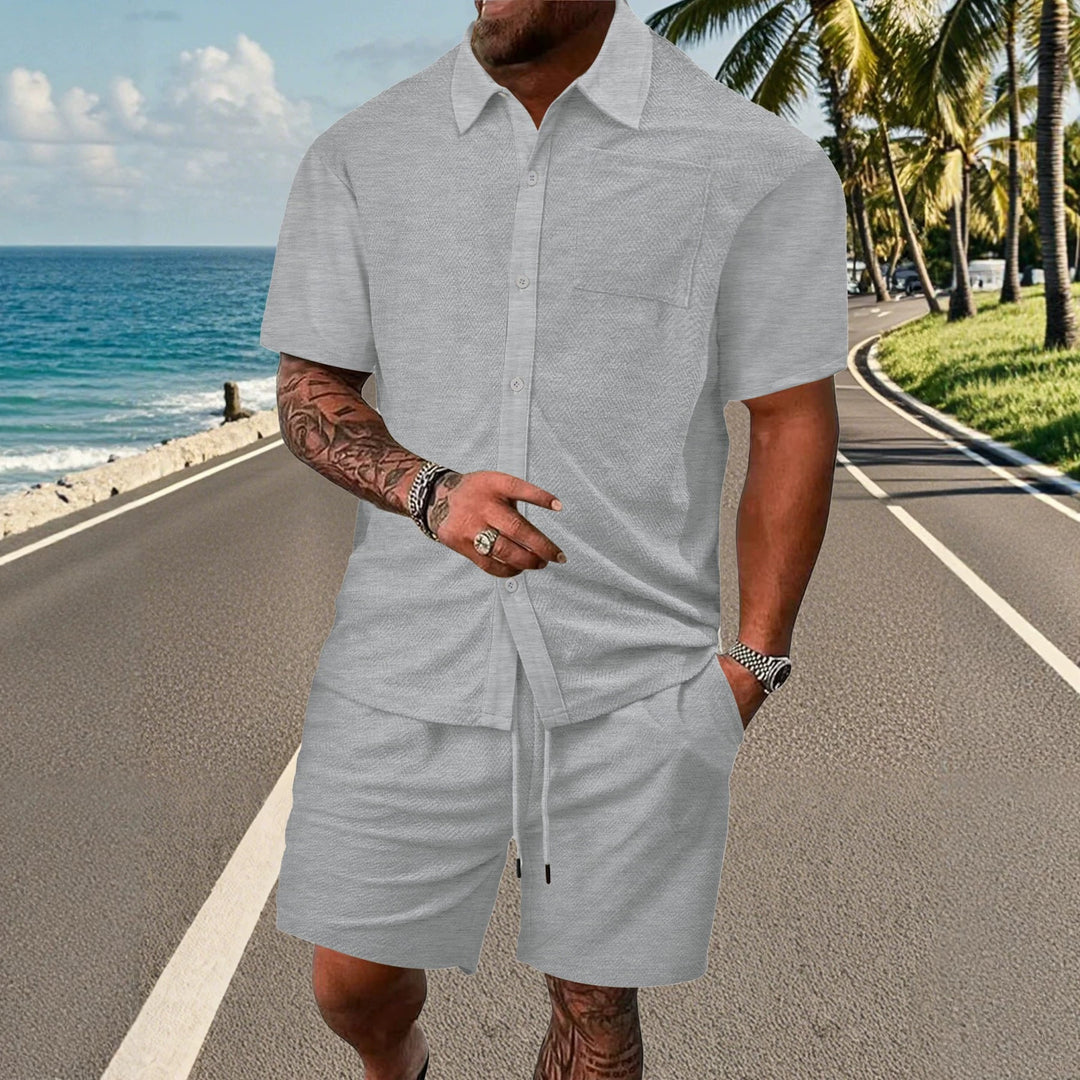 Men's buttoned leisure set with shirt collar herringbone structure chest pocket and drawstring shorts Mune Fashion