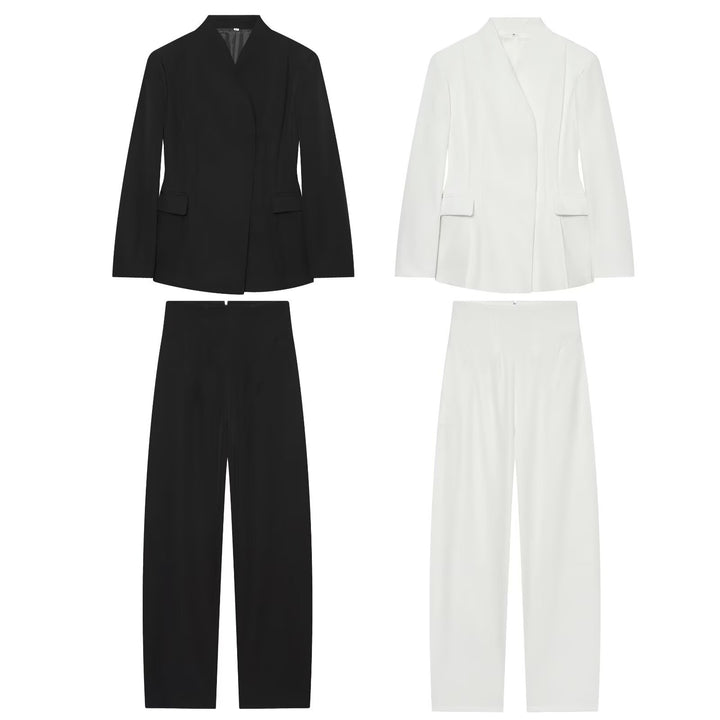 Women's Elegant Two-Piece Suit Set with Blazer without Lapels and High-Waist Wide-Leg Pants Mune Fashion