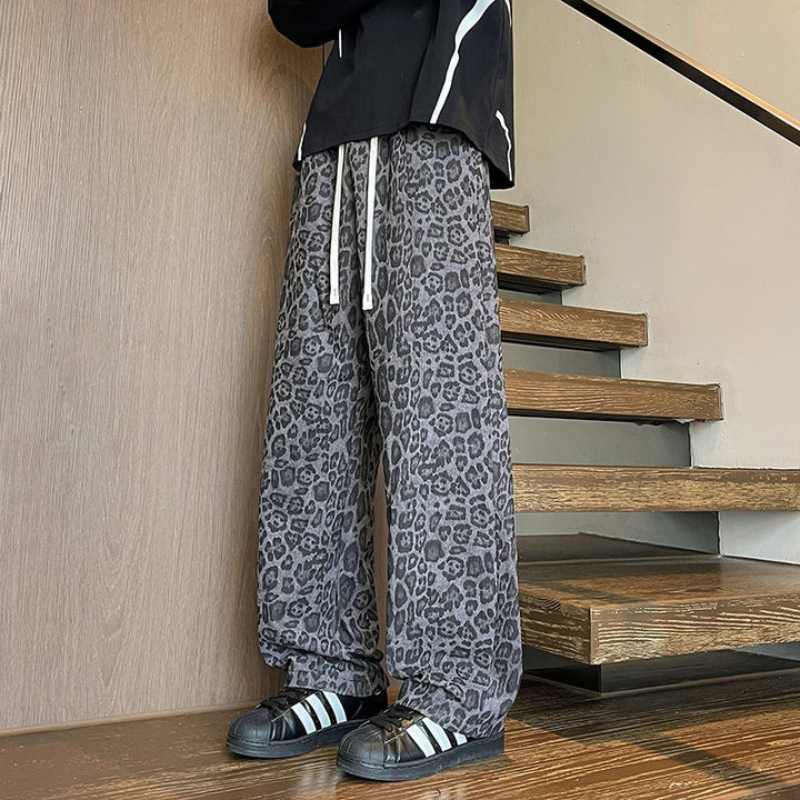 Men's Loose Fit Leopard Print Pants made of Lightweight Viscose Blend with Drawstring Mune Fashion