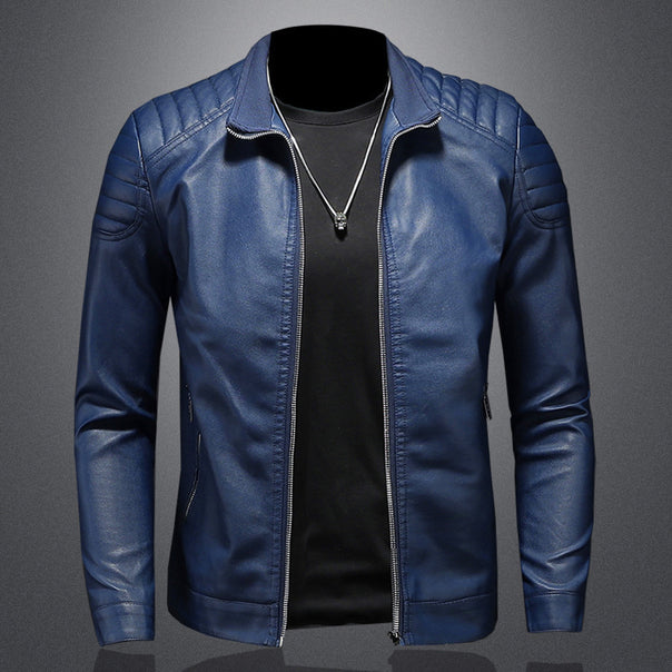 Men's slim fit faux leather moto jacket with stand-up collar and quilted shoulder yoke Mune Fashion