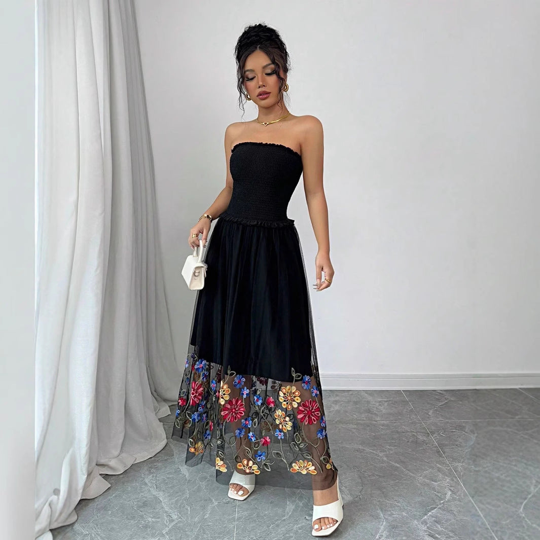 Women's off-shoulder midi dress with smocked top and embroidered tulle skirt Mune Fashion