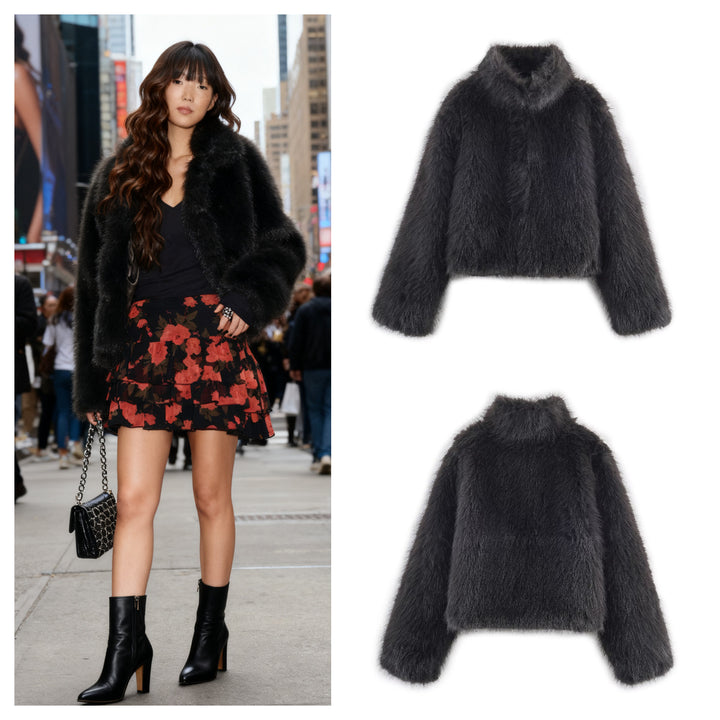 Women's Short Faux Fur Jacket with Stand Collar and Boxy Cut Mune Fashion
