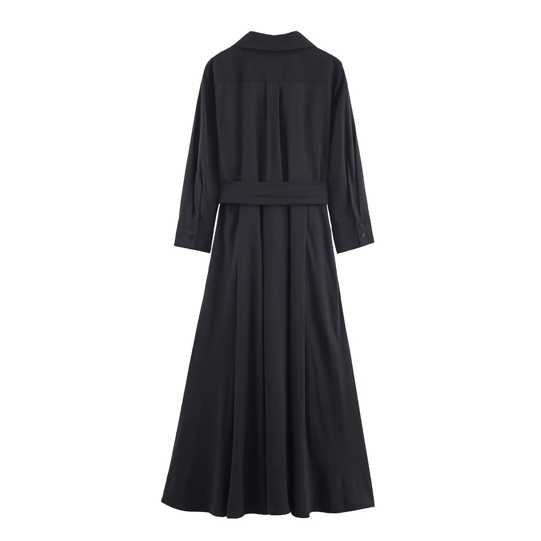 Women's maxi dress in shirt blouse style with tied belt and flared A-line skirt Mune Fashion