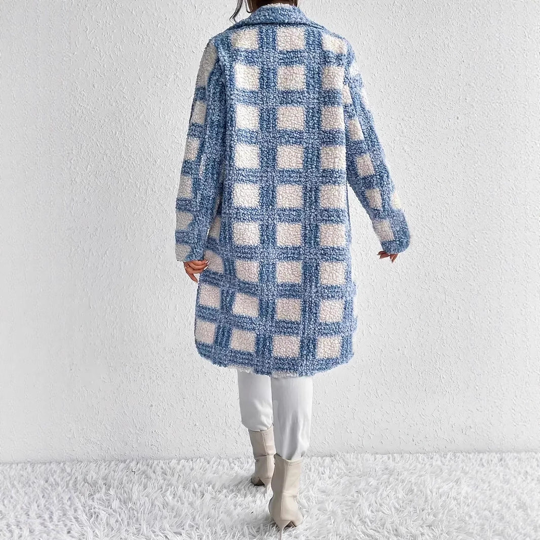 Women's teddy coat with large check pattern, shirt collar, and button closure Mune Fashion