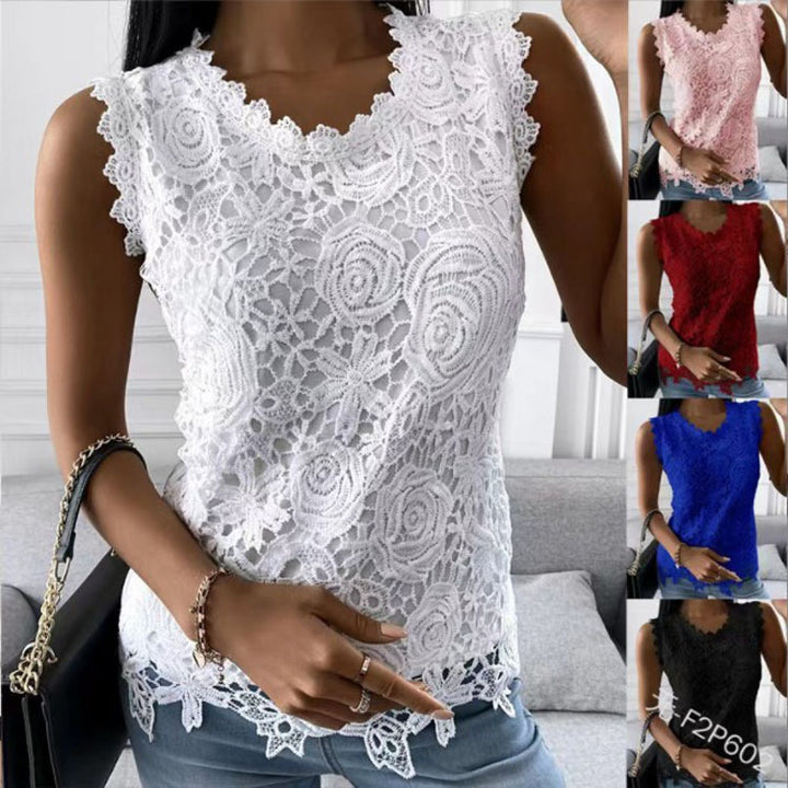 Women's lace top with V-neck, tailored silhouette and romantic wave hem Mune Fashion