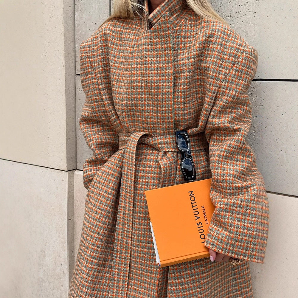 Ladies Oversize Wool Coat with Houndstooth Pattern and Waist Belt Mune Fashion