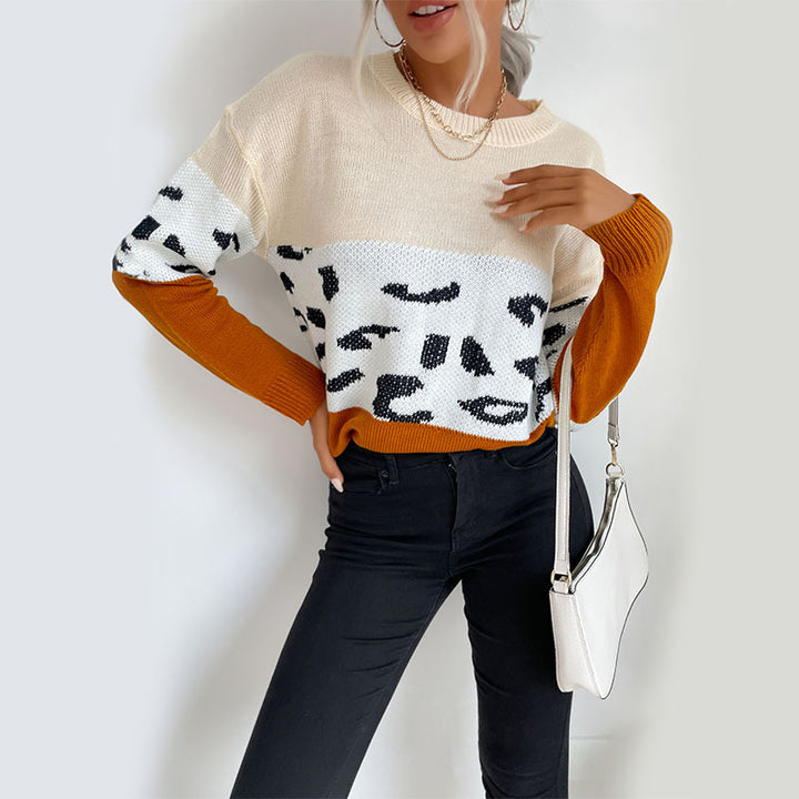 Women's Colorblock Knit Sweater with Leopard Pattern, Round Neck and Casual Fit Mune Fashion