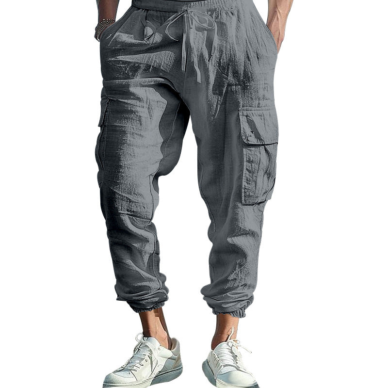 Men's Casual Linen Cargo Joggers with Drawstring Waist, Large Flap Pockets and Elastic Ankle Cuffs Mune Fashion