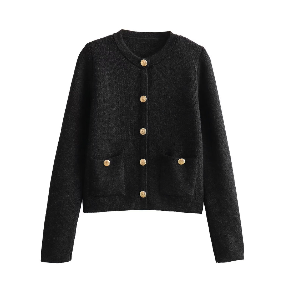 Women Cropped Boucle Cardigan with Round Neck, Flap Pockets and Coin Buttons Mune Fashion