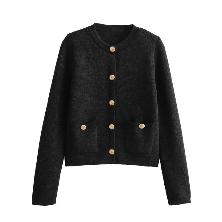 Women Cropped Boucle Cardigan with Round Neck, Flap Pockets and Coin Buttons Mune Fashion