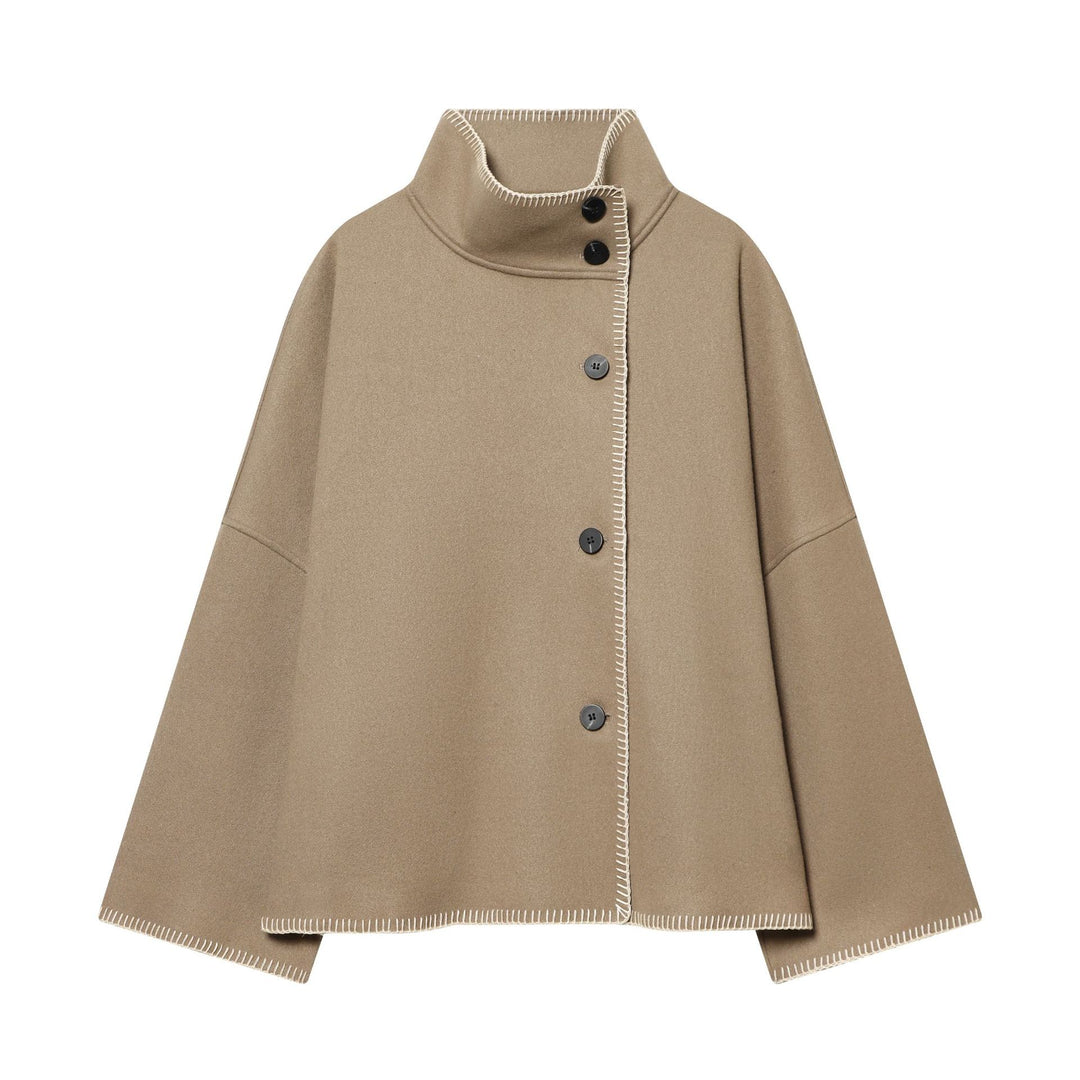 Women's cozy wool cape with high stand-up collar, asymmetrical button placket and decorative seam Mune Fashion
