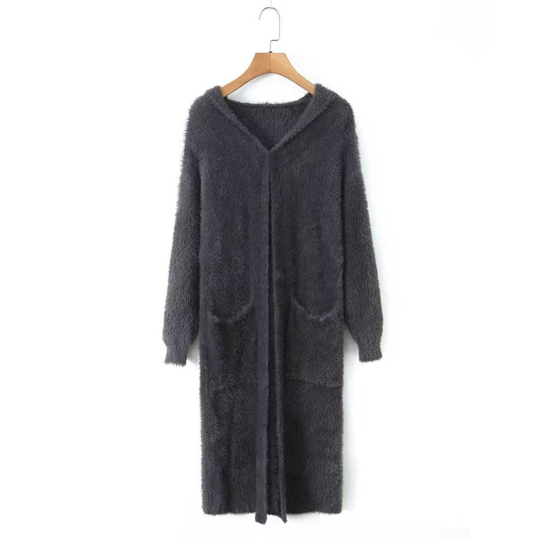 Women Longer fluffy hooded cardigan with patch pockets and open front Mune Fashion