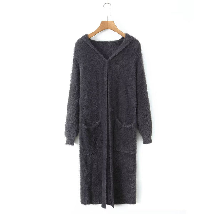 Women Longer fluffy hooded cardigan with patch pockets and open front Mune Fashion