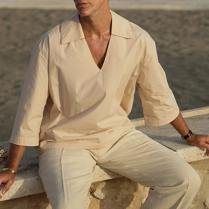 Men's Oversized Shirt with Deep V-Neck and Linen-Cotton Mix Mune Fashion