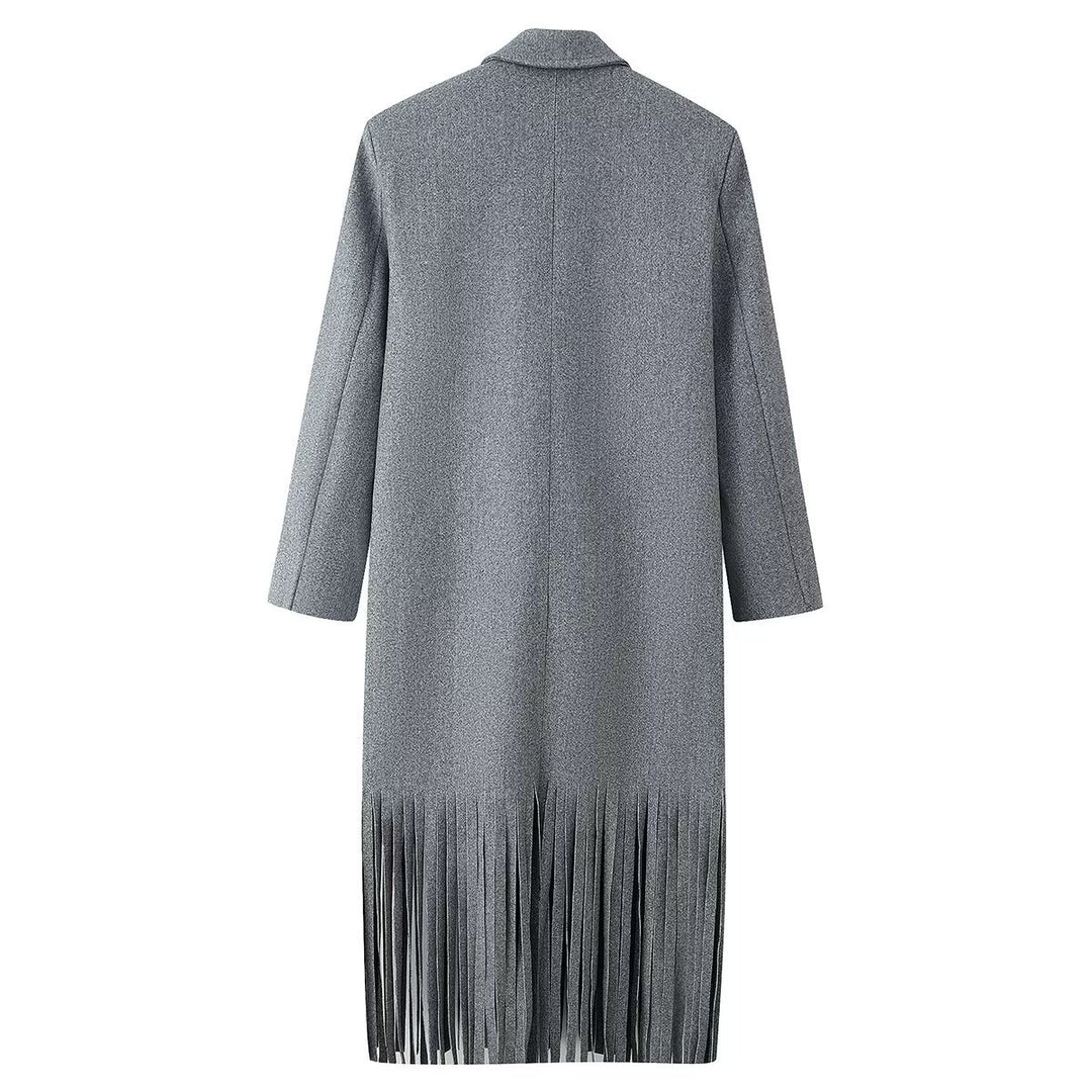 Women's Double-Breasted Wool Blend Coat with Fringe Hem and Draped Lapel Mune Fashion