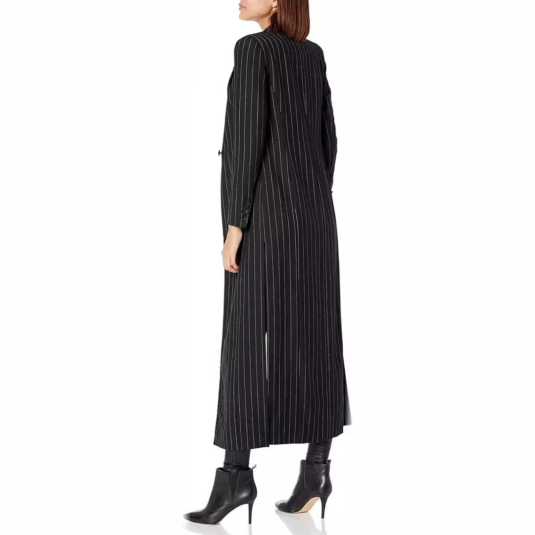 Women's Longline Blazer Coat with Pinstripes, Tailored Silhouette and Flap Pockets Mune Fashion