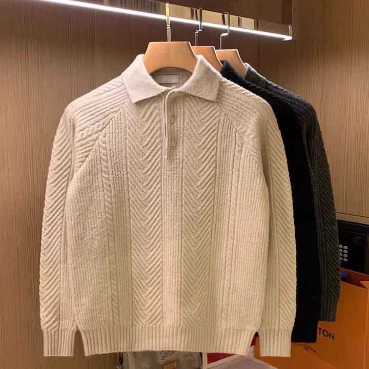 Men's fine-knit polo sweater with half-button placket and cable pattern Mune Fashion