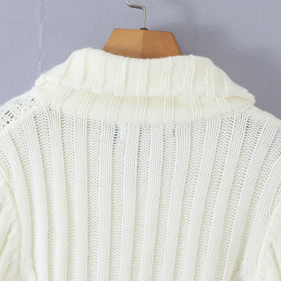 Ladies short knitted cardigan with stand-up collar, cable pattern, wooden button toggles and pockets Mune Fashion