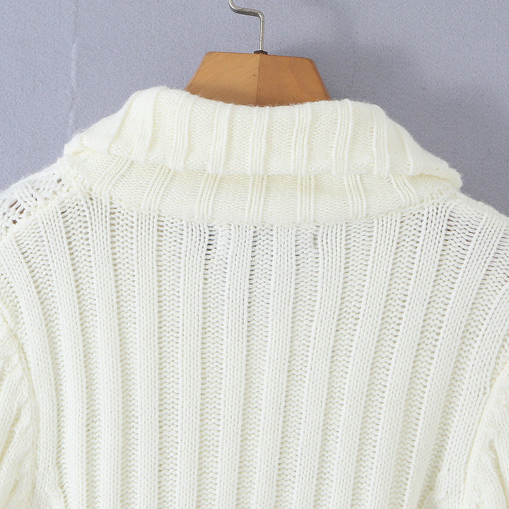 Ladies short knitted cardigan with stand-up collar, cable pattern, wooden button toggles and pockets Mune Fashion