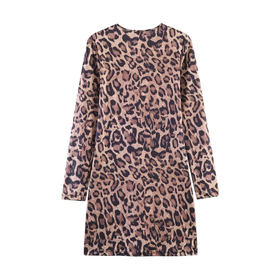 Women’s leopard print mini dress with round neckline, long sleeves, and A-line silhouette Mune Fashion