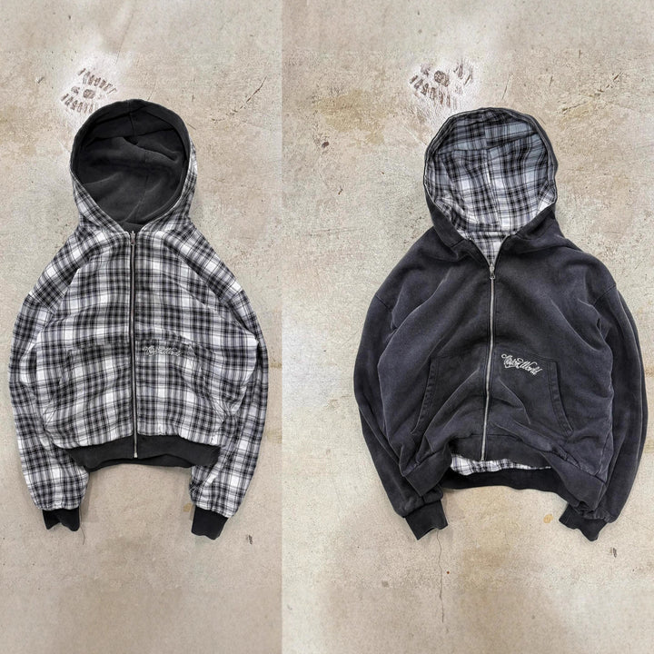 Unisex nan reversible hoodie jacket with checked lining, full zip and kangaroo pocket Mune Fashion