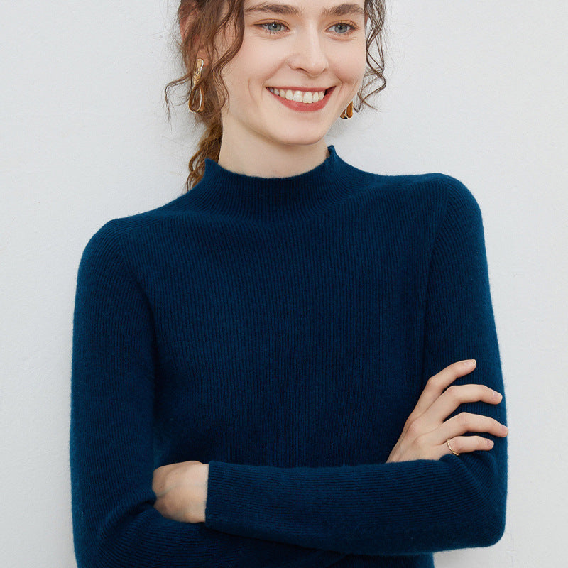 Women Lightweight fitted mock neck pullover in cashmere-like mohair look with fine ribbed texture Mune Fashion
