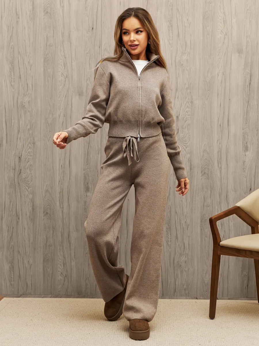 Women knitted loungewear two-piece with short zip cardigan and wide high waist pant leg Mune Fashion