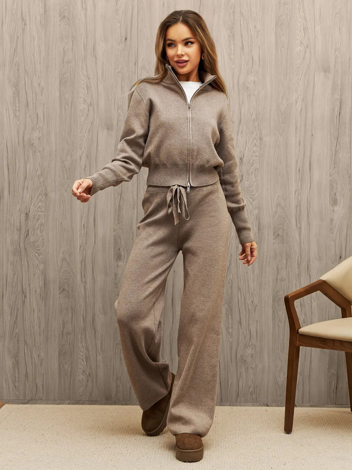 Women knitted loungewear two-piece with short zip cardigan and wide high waist pant leg Mune Fashion