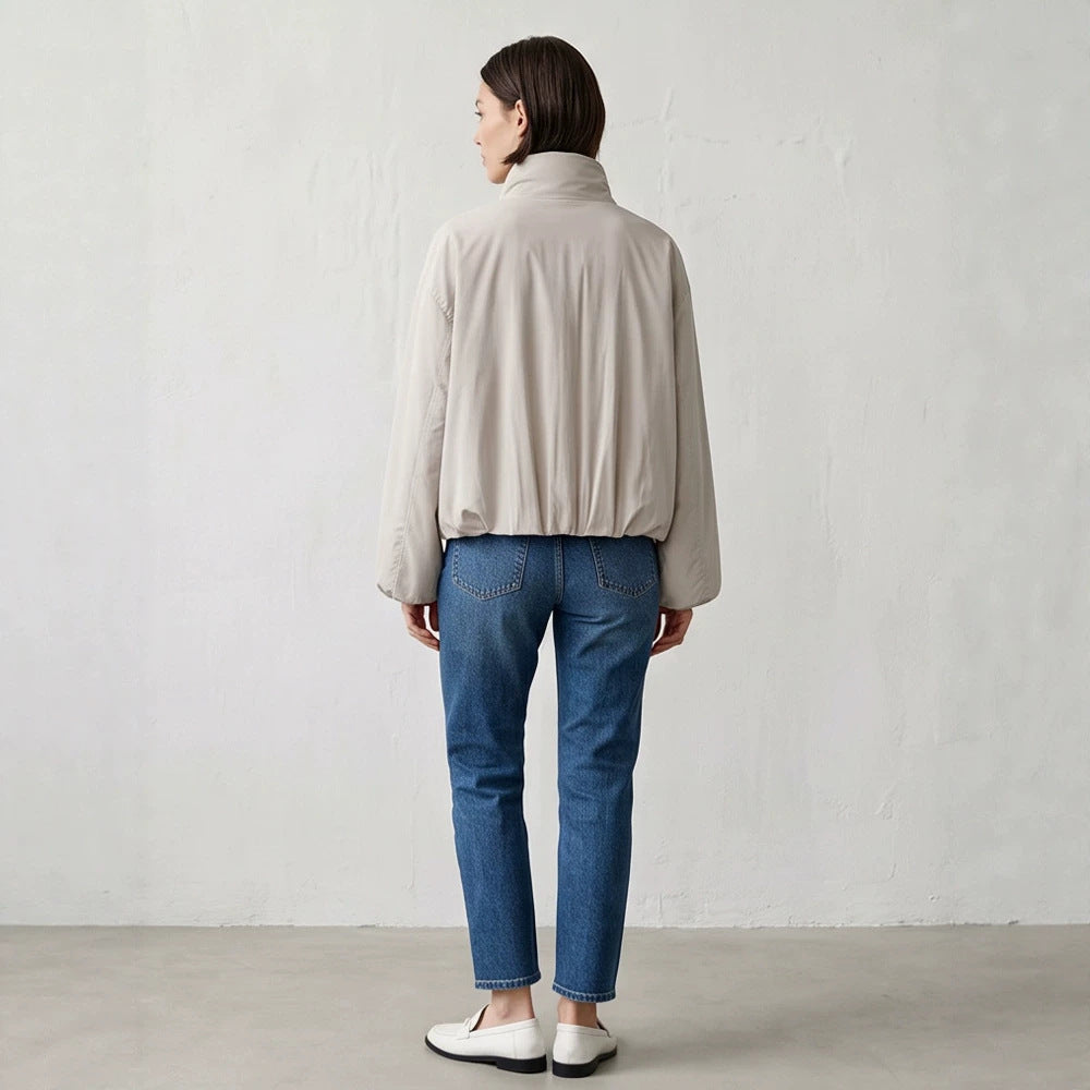 Women's Short Cut Stand Collar Bomber Jacket with Elastic Hem and Raglan Sleeves Mune Fashion