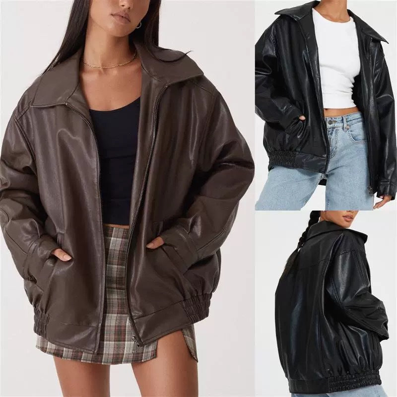 Women Oversize Faux Leather Blouson with Zipper and Elastic Hem Mune Fashion