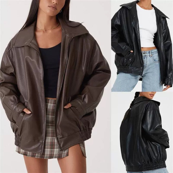 Women Oversize Faux Leather Blouson with Zipper and Elastic Hem Mune Fashion
