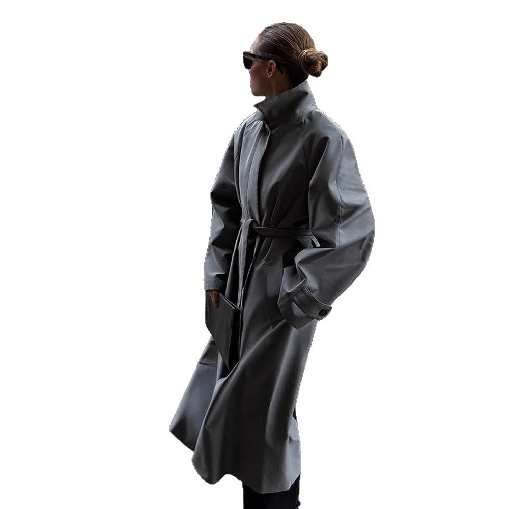 Women's Oversize Trench Coat with High Stand-Up Collar, Tie Belt and Hidden Button Placket Mune Fashion